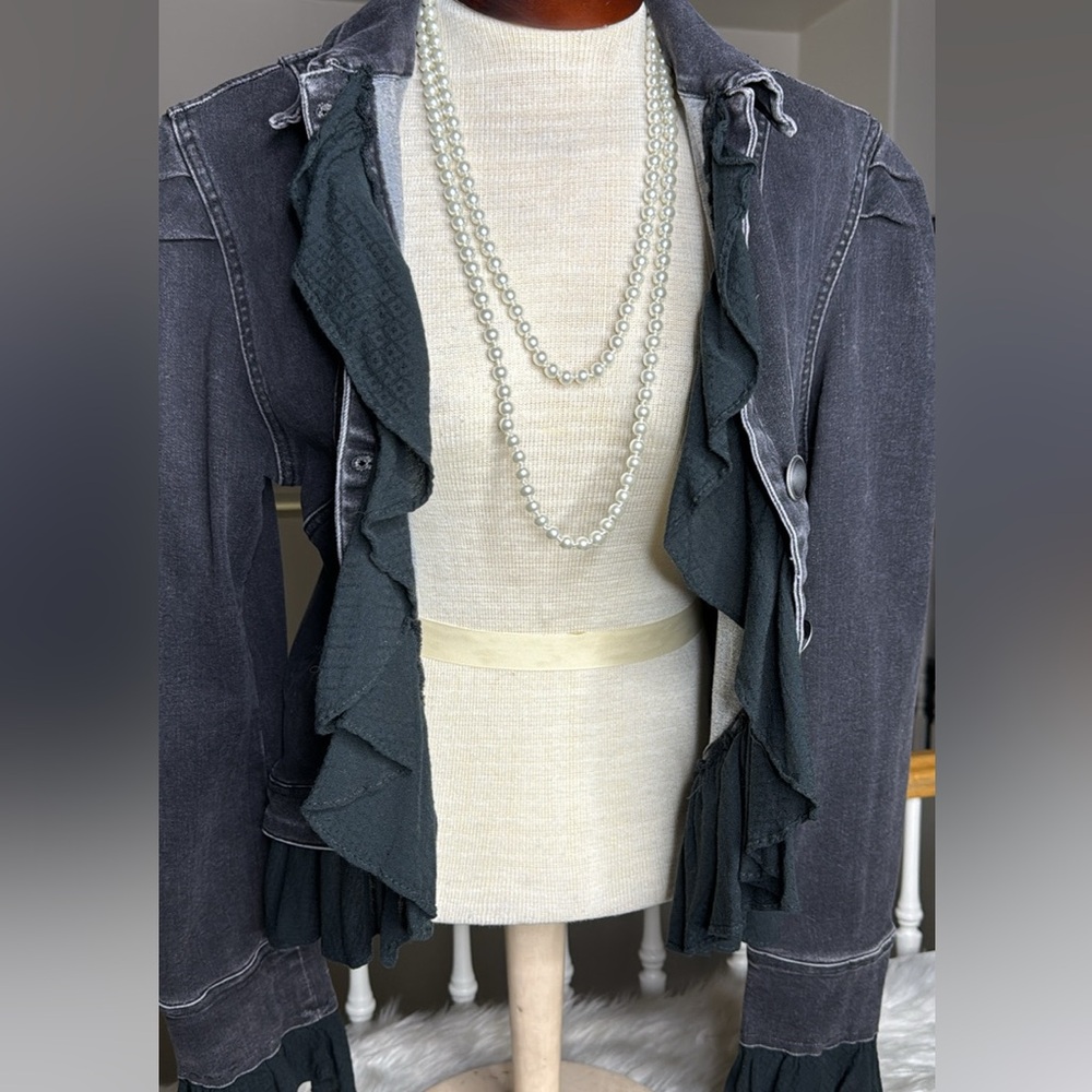 Free People Black Gray Denim Jacket Size Medium Las Vegas Embellished Unique - Picture 6 of 8